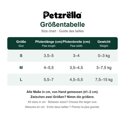 Petzrella Rubber Dog Boots size chart in cm