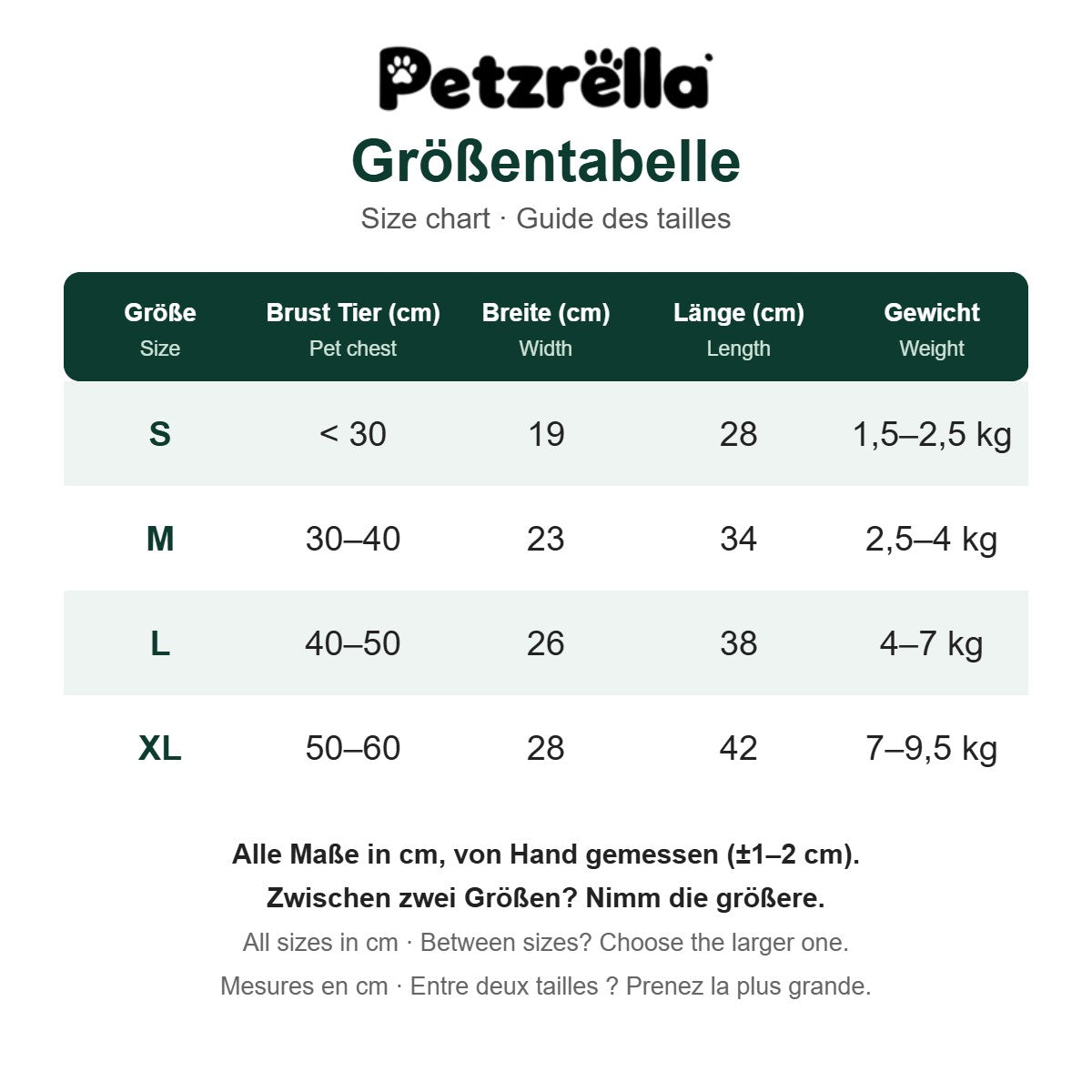 Petzrella Front Pet Carrier size chart in cm