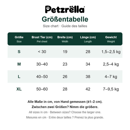 Petzrella Front Pet Carrier size chart in cm