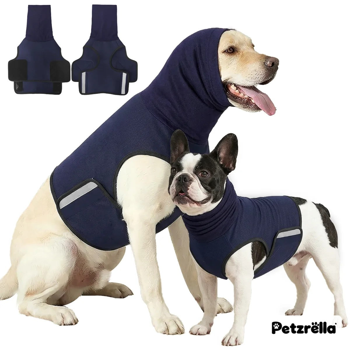 Petzrella Dog Calming Vest with hood on two dogs
