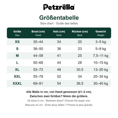 Petzrella Dog Calming Vest size chart in cm