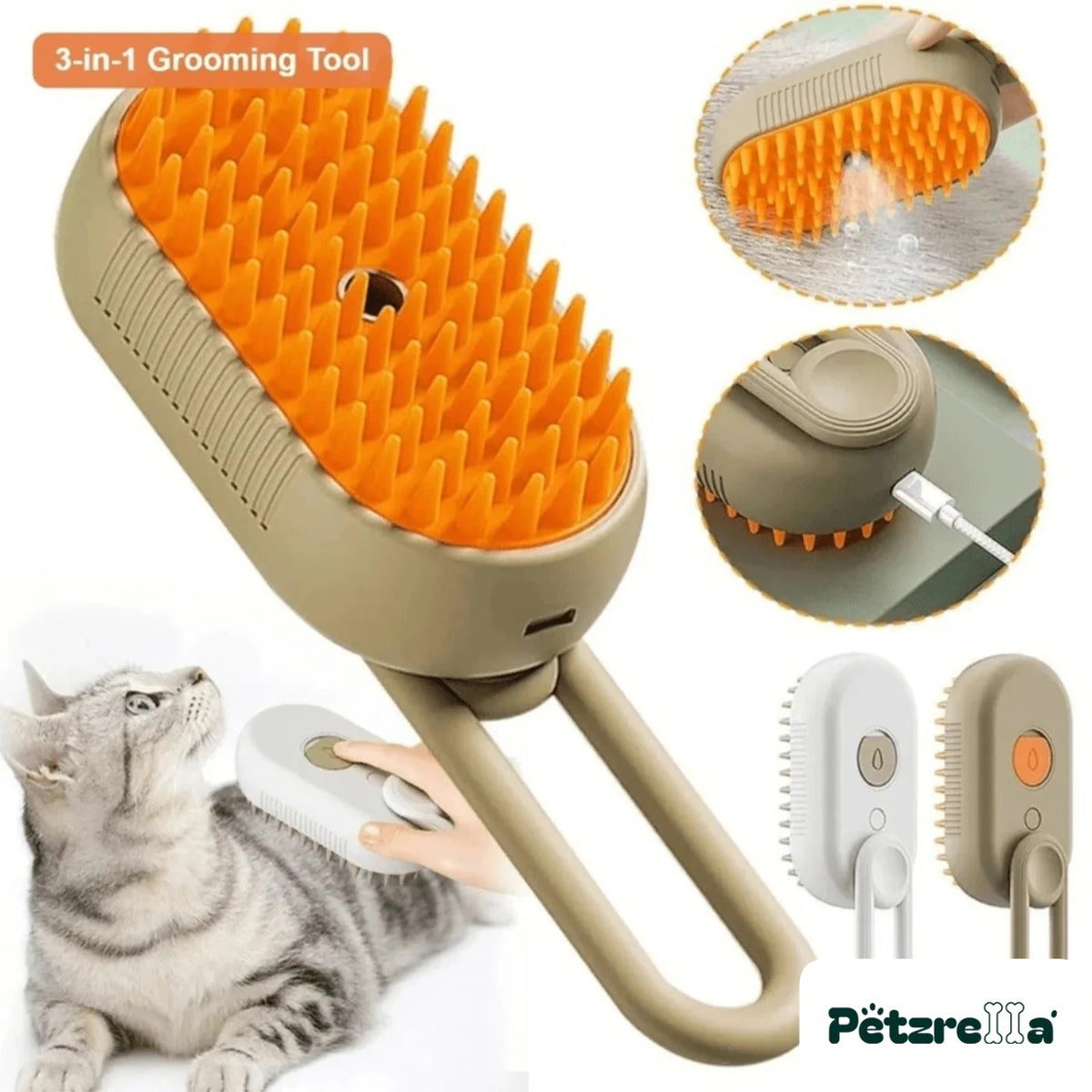Petzrella 3-in-1 Steam Cat Electric Grooming Brush – Brown