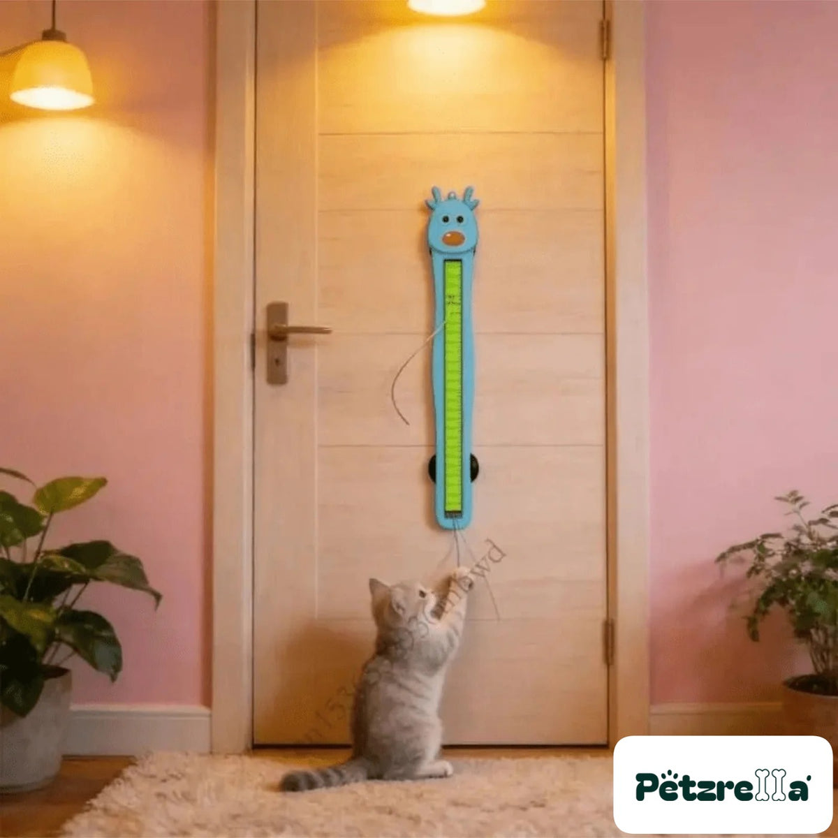 Petzrella Auto Cat Teaser – self-rotating feather wand in white