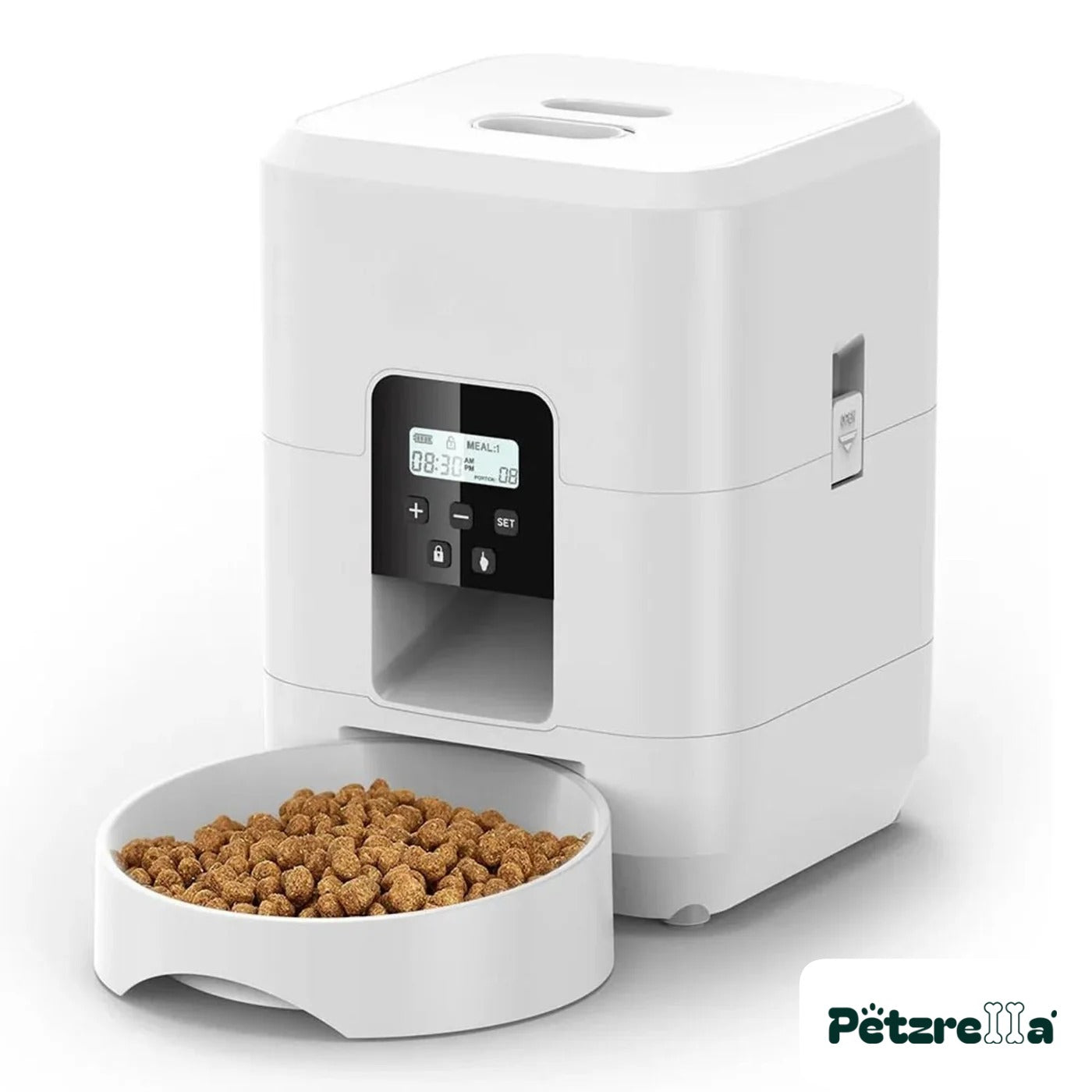 Petzrella Automatic Pet Feeder in white, button version
