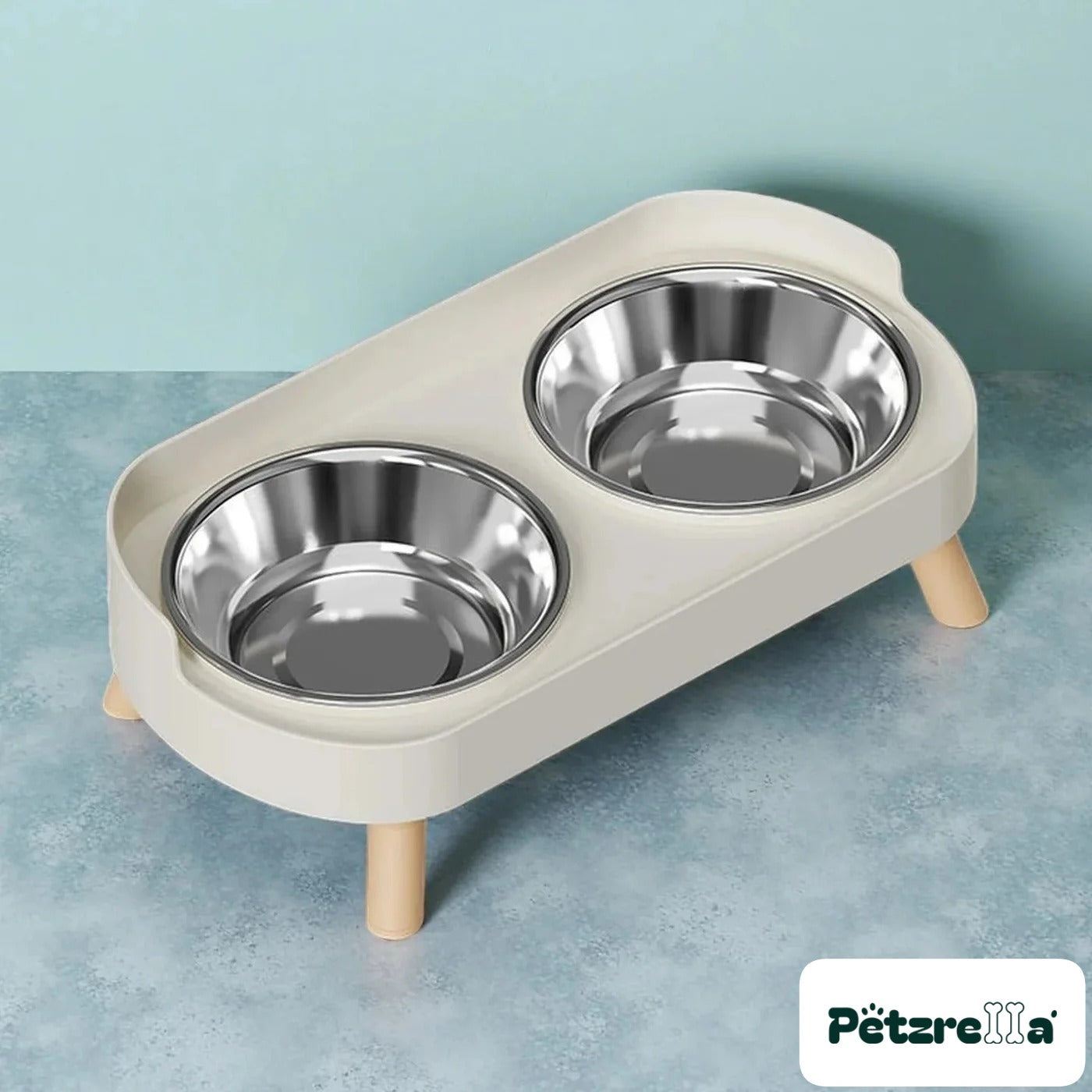 Petzrella Elevated Double Pet Bowl – White-Stainless
