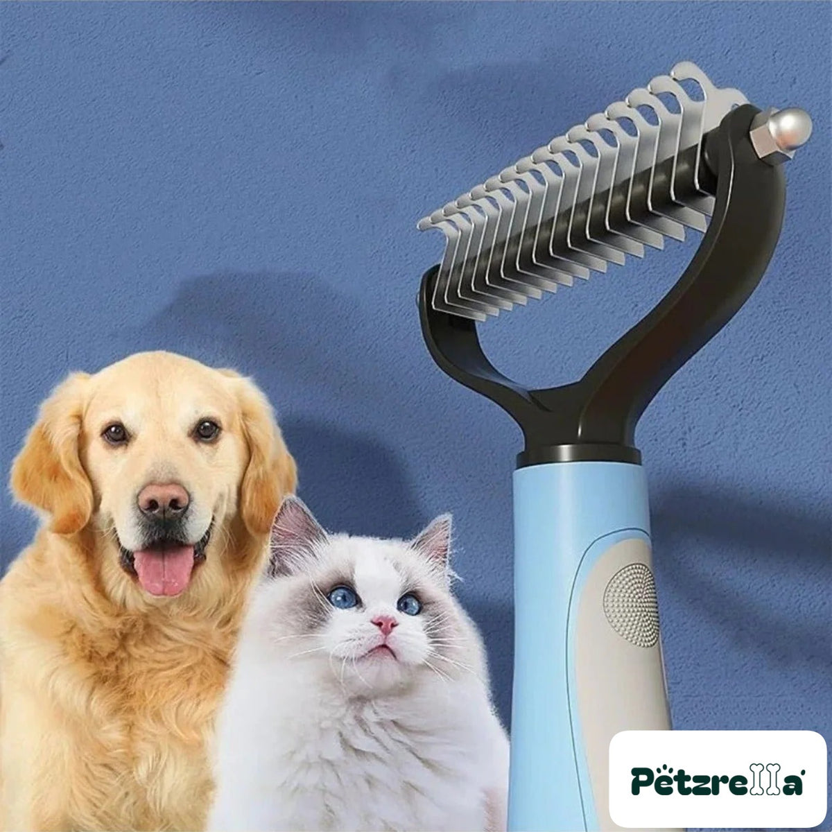 Petzrella Pet Grooming Comb in blue, size L, stainless steel