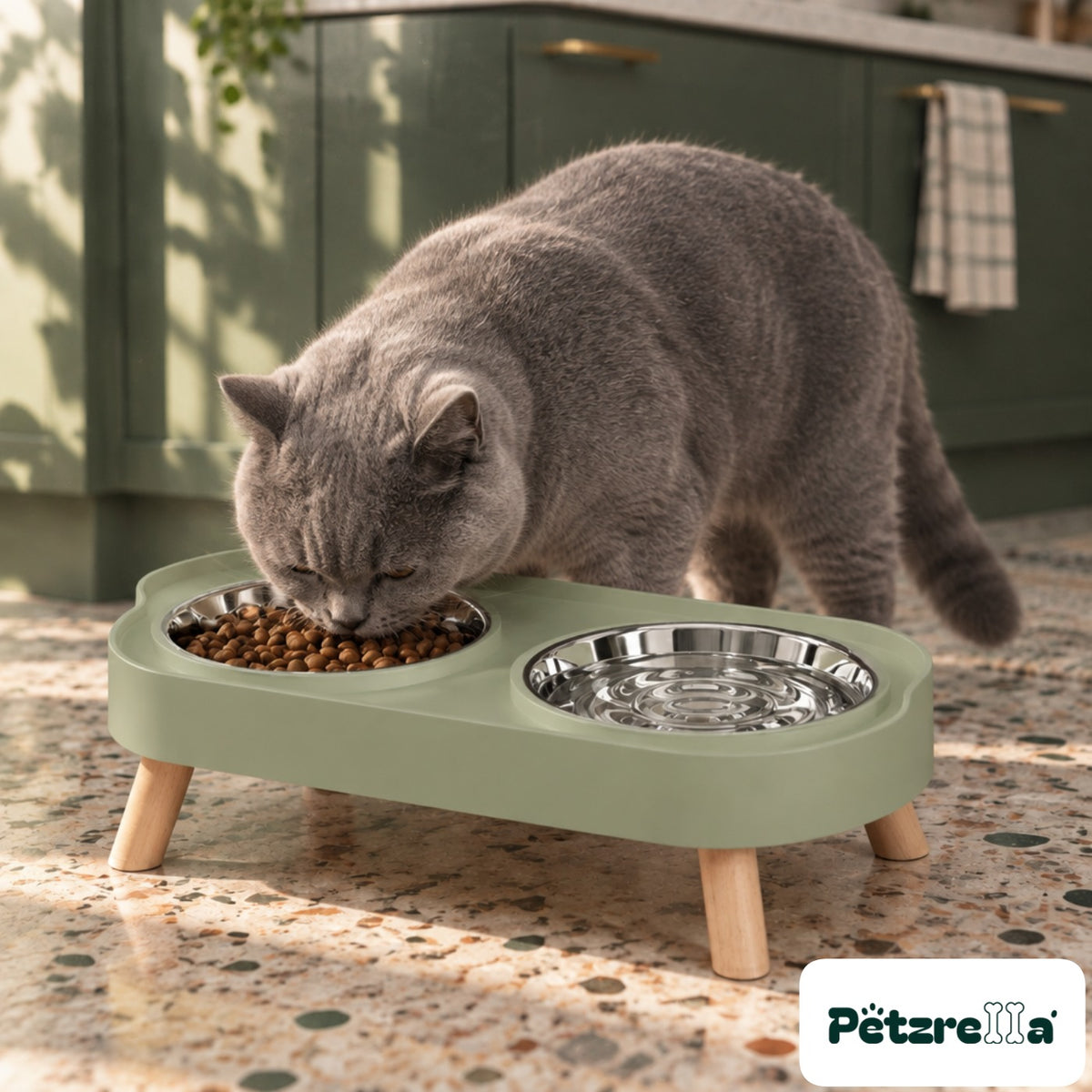 Petzrella Elevated Double Pet Bowl in green