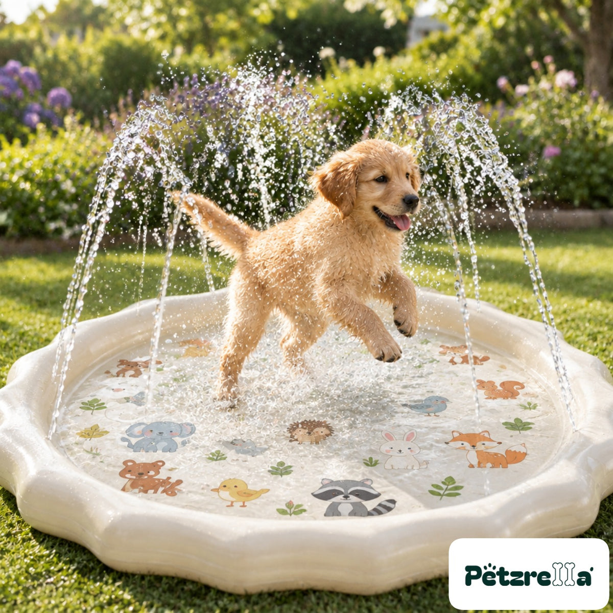 Petzrella Splash and Cool Dog Bath Pool in white with animal print